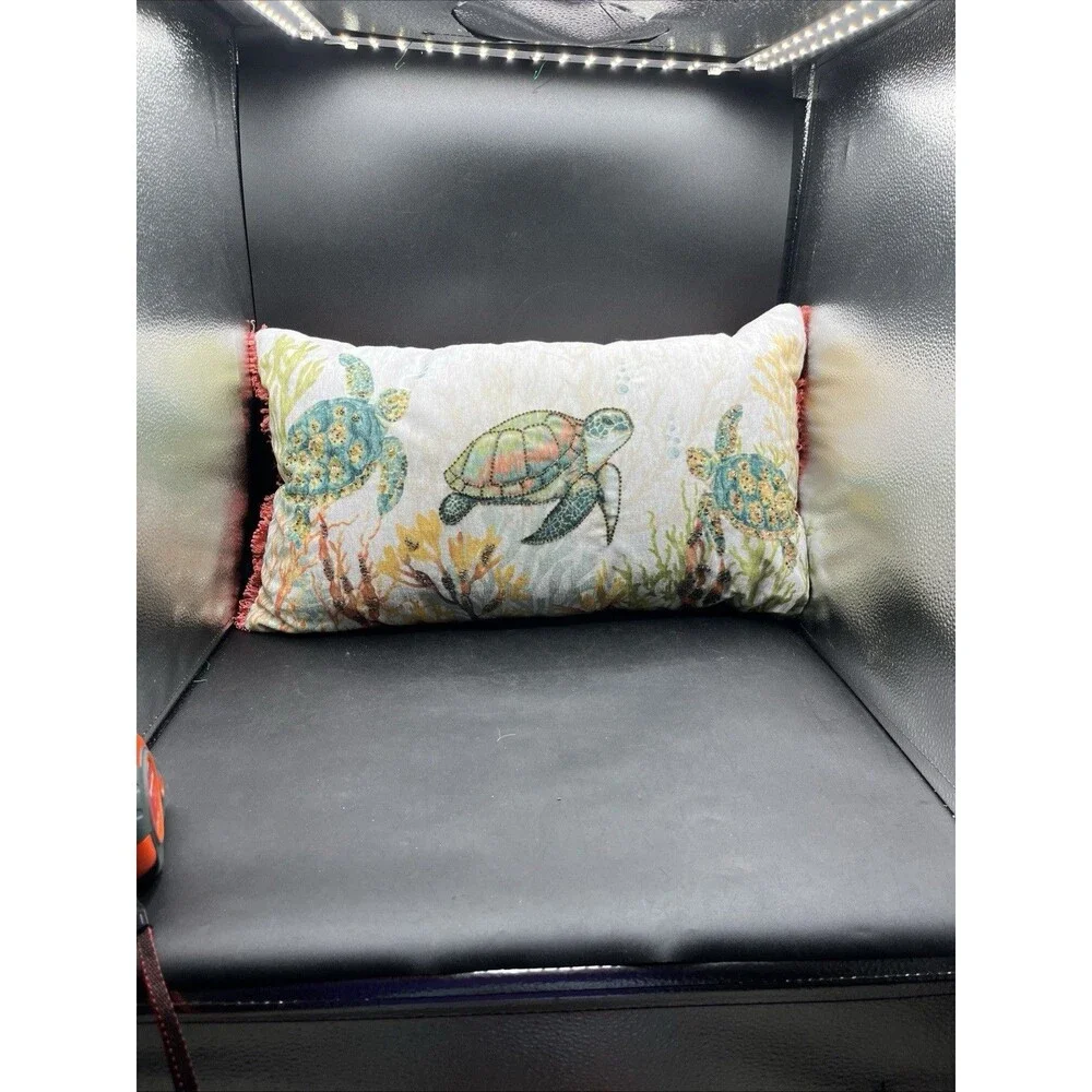 Coastal Collection Nautical Beach Beaded Pillow 14x24 Green Sea Turtle Coral